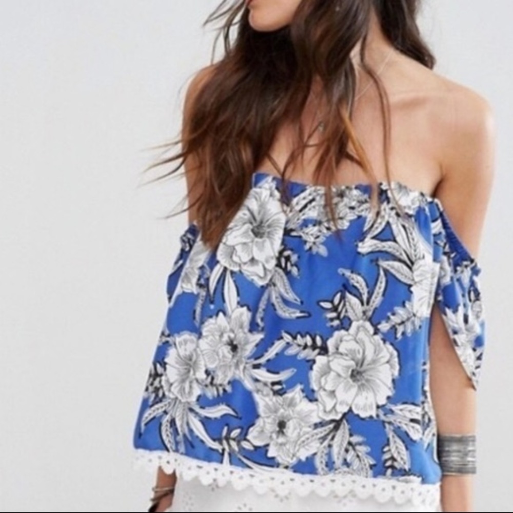 Lovers + Friends Blue & White Floral Off the Shoulder Top